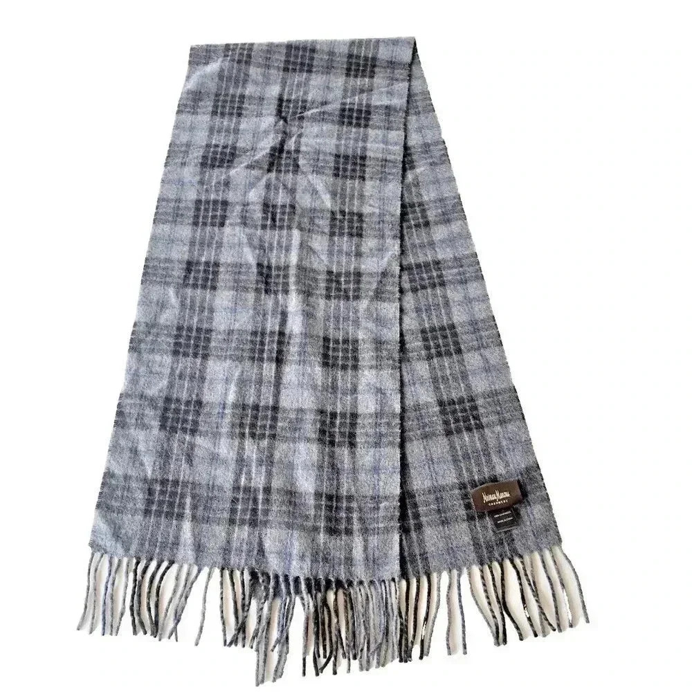 Neiman Marcus Cashmere Scarf w Fringe Blue Plaid Men's 12"x60" MSRP$165 Luxury